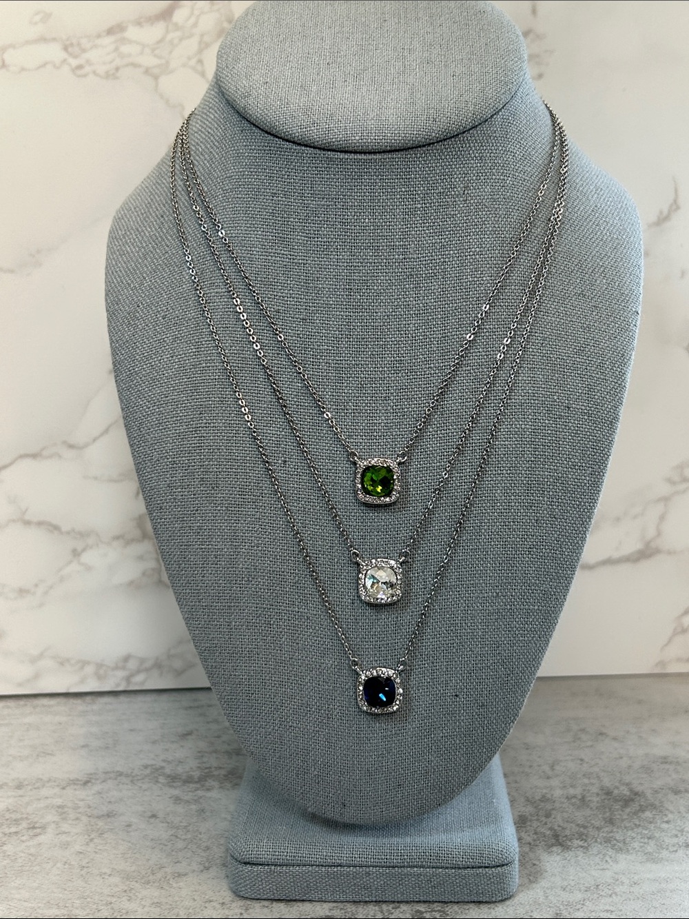 Park Lane Sparkle Box Dazzle Triple Pendant Necklace Green, Clear & Blue Stone